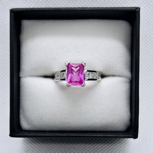 Hot Pink Cubic Zirconia Silver Tone Fashion Ring - Picture 1 of 8